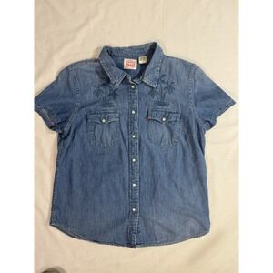 Levi Strauss & Co Denim Blue Jean Short Sleeve Snap Button Top Palm Trees Sz LG